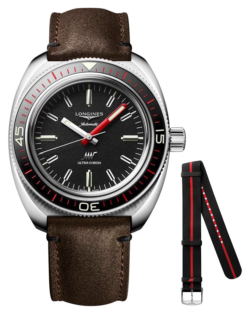 Longines Ultra-Chron Box Edition Automatic Chronometer Stainless Steel Black Dial Brown Leather Interchangeable Black/Red Nylon Strap Divers Mens Watch L2.836.4.52.8