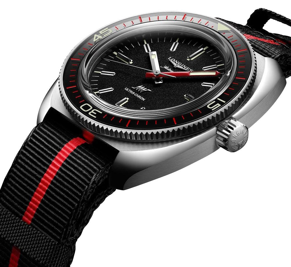 Longines Ultra-Chron Box Edition Automatic Chronometer Stainless Steel Black Dial Brown Leather Interchangeable Black/Red Nylon Strap Divers Mens Watch L2.836.4.52.8