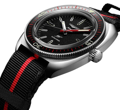 Longines Ultra-Chron Box Edition Automatic Chronometer Stainless Steel Black Dial Brown Leather Interchangeable Black/Red Nylon Strap Divers Mens Watch L2.836.4.52.8