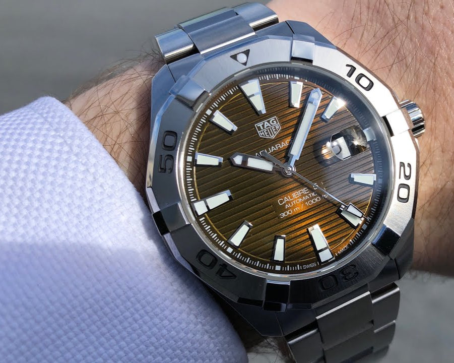 Tag Heuer Aquaracer Calibre 5 Automatic Sunray Brown Dial Silver Steel Strap Watch for Men - WAY2018.BA0927
