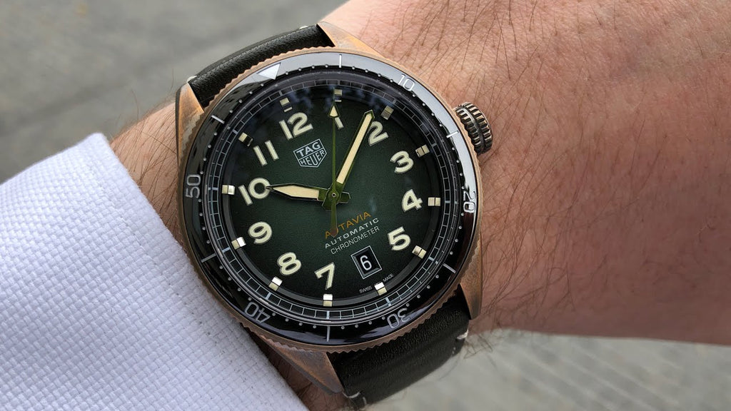 Tag Heuer Autavia Calibre 5 Automatic Olive Green Dial Green Leather Strap Watch for Men - WBE5190.FC8268