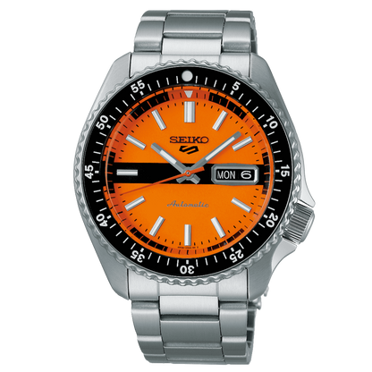 Seiko 5 Sports Double Hurricane Retro Orange Dial Silver Steel Strap Watch For Men - SRPK11K1