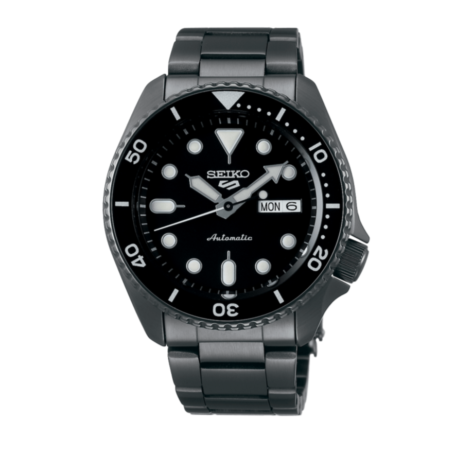 Seiko 5 Sports Automatic Black Dial Black Steel Strap Watch For Men - SRPD65K1