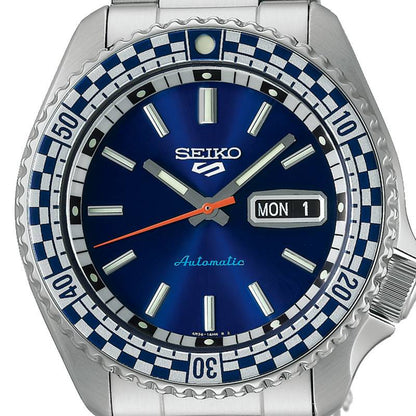Seiko 5 Sports Petrol Blue Checker Flag Special Edition Blue Dial Silver Steel Strap Watch For Men - SRPK65K1