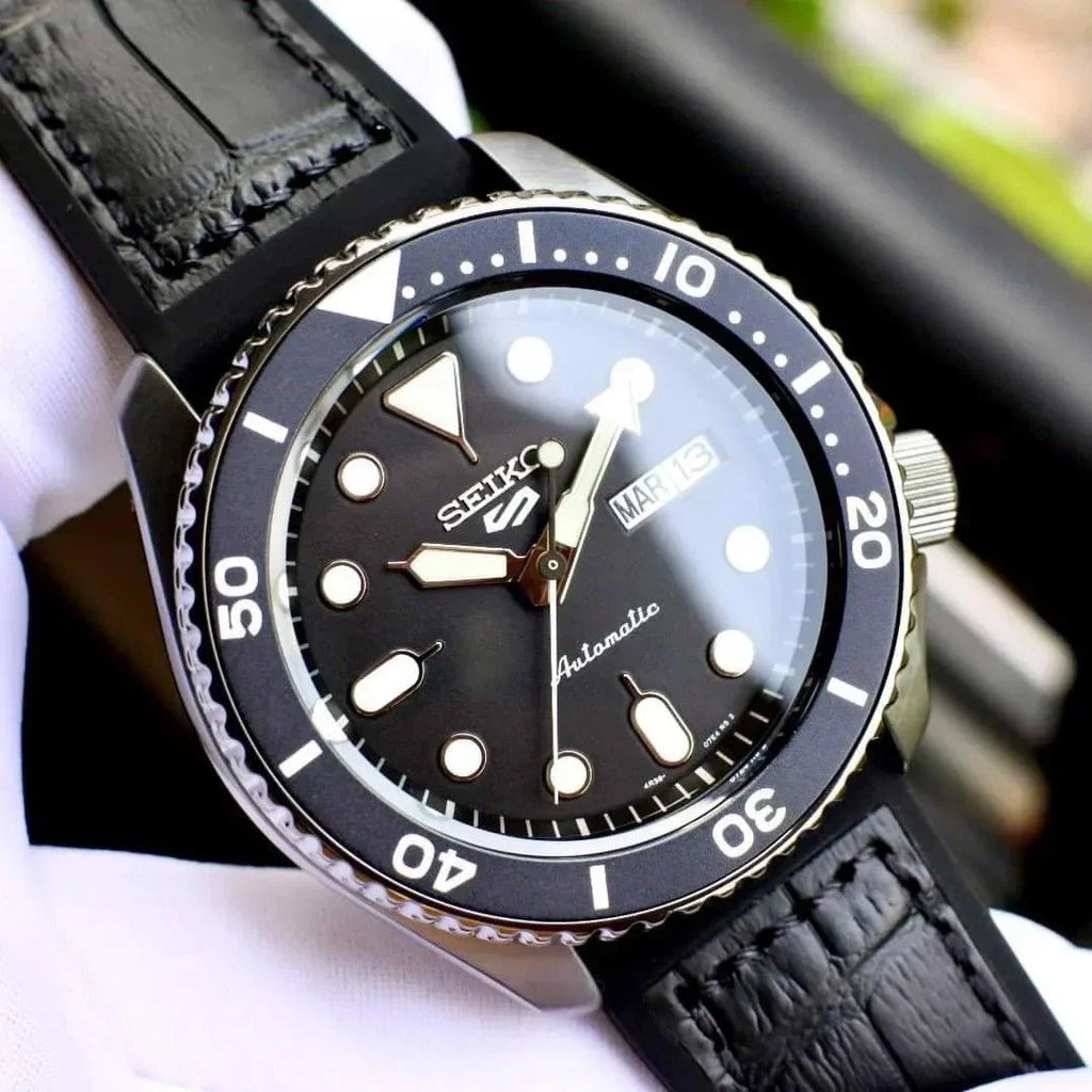 Seiko 5 Sport Automatic Black Dial Black Silicone Strap Watch For Men - SRPD65K3
