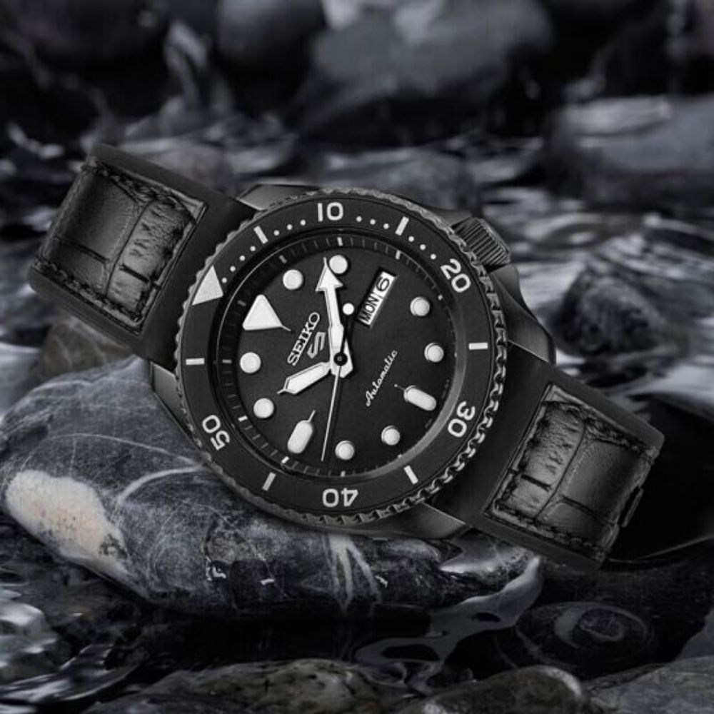 Seiko 5 Sport Automatic Black Dial Black Silicone Strap Watch For Men - SRPD65K3