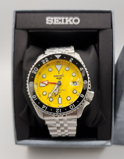Seiko 5 Sport SKX GMT US Special Creation Automatic Yellow Dial Silver Steel Strap Watch for Men - SSK017K1