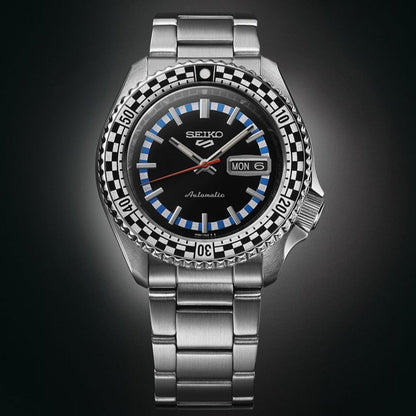 Seiko 5 Sports Checker Flag Special Edition Black Dial Silver Steel Strap Watch For Men - SRPK67K1