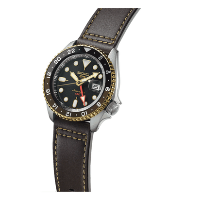 Seiko 5 Sports SKX GMT Automatic Mocha Black Dial Brown Leather Strap Watch For Men - SSK036K1