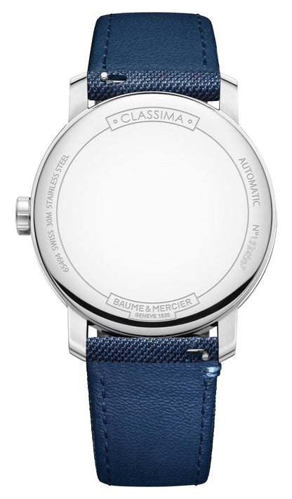Special Edition Baume & Mercier Classima Automatic GMT Stainless Steel Blue Dial Blue Fabric Interchangeable Black Leather Strap Mens Watch M0A10734