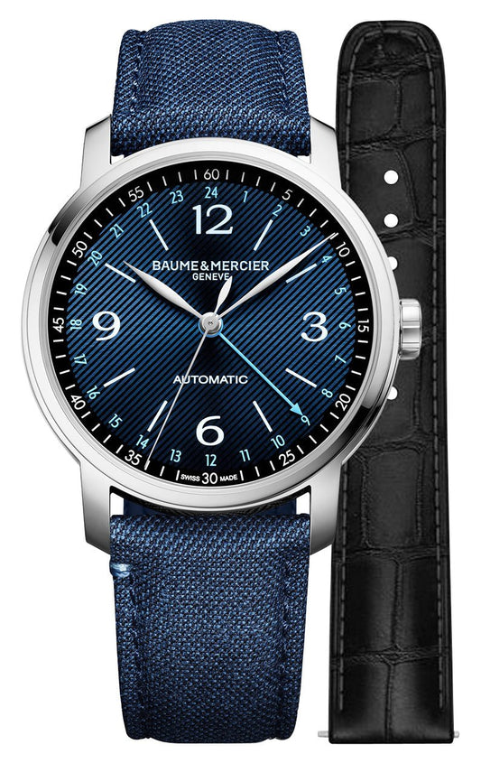 Special Edition Baume & Mercier Classima Automatic GMT Stainless Steel Blue Dial Blue Fabric Interchangeable Black Leather Strap Mens Watch M0A10734