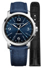 Special Edition Baume & Mercier Classima Automatic GMT Stainless Steel Blue Dial Blue Fabric Interchangeable Black Leather Strap Mens Watch M0A10734