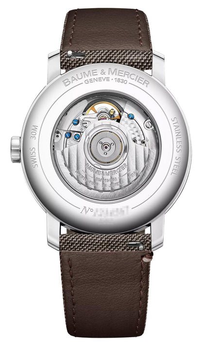 Special Edition Baume & Mercier Classima Power Reserve Automatic Stainless Steel Gray Dial Brown Fabric Interchangeable Black Leather Strap Mens Watch M0A10718