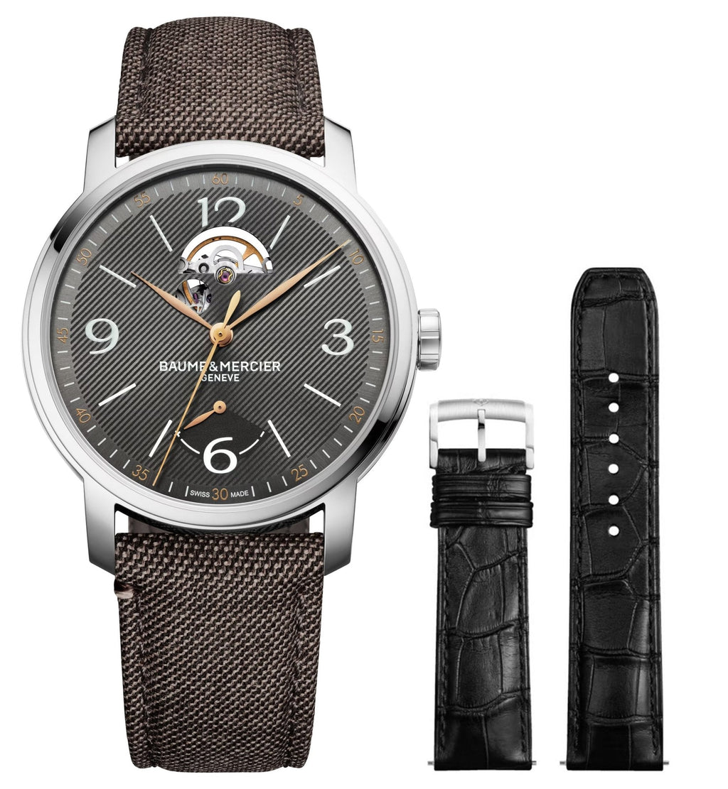 Special Edition Baume & Mercier Classima Power Reserve Automatic Stainless Steel Gray Dial Brown Fabric Interchangeable Black Leather Strap Mens Watch M0A10718