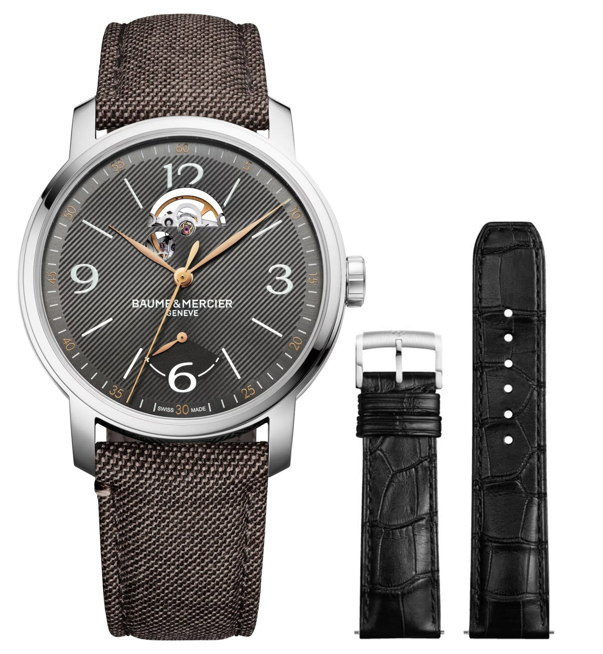 Special Edition Baume & Mercier Classima Power Reserve Automatic Stainless Steel Gray Dial Brown Fabric Interchangeable Black Leather Strap Mens Watch M0A10718