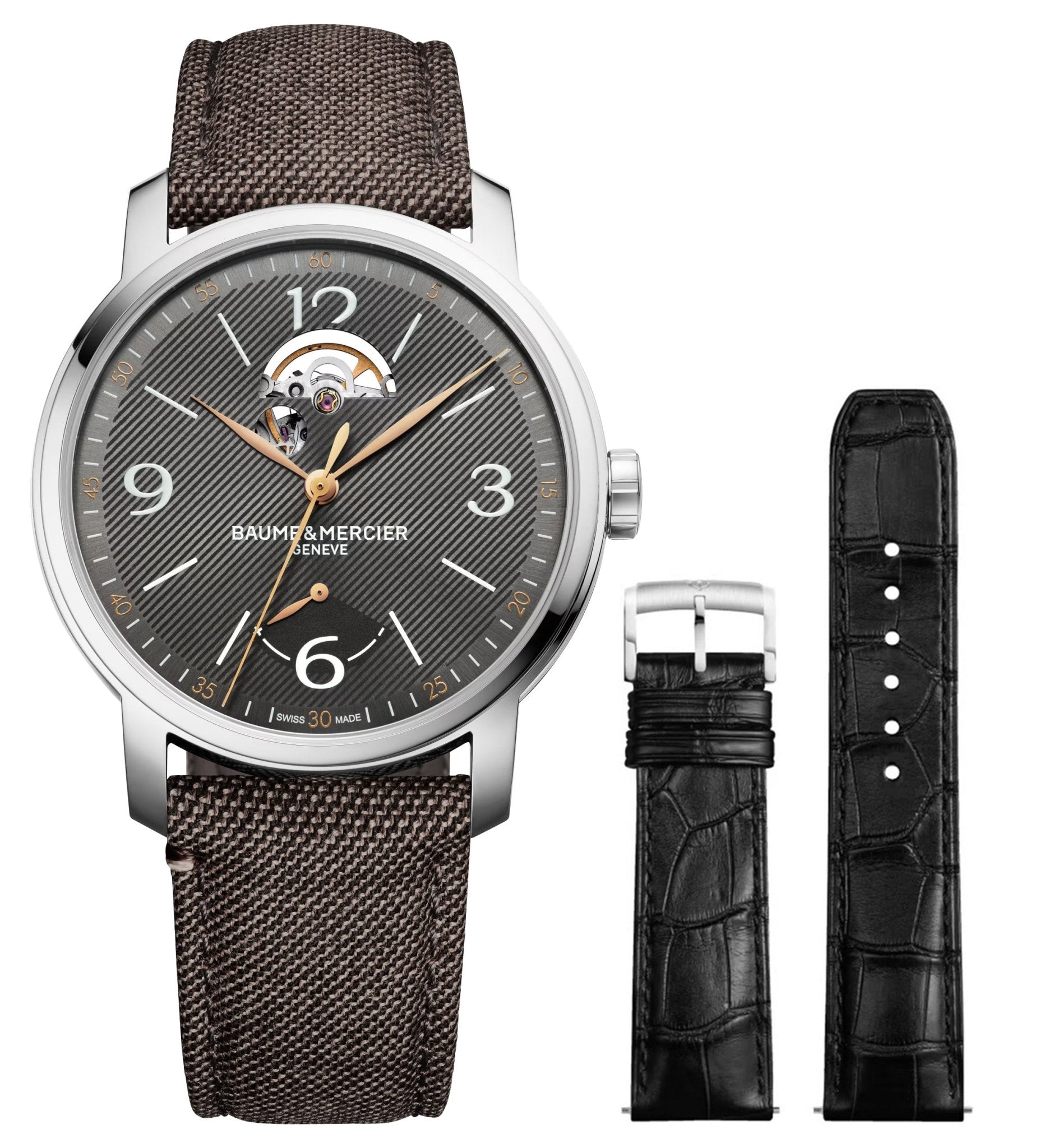 Special Edition Baume & Mercier Classima Power Reserve Automatic Stainless Steel Gray Dial Brown Fabric Interchangeable Black Leather Strap Mens Watch M0A10718
