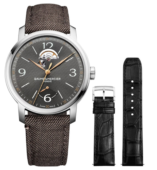 Special Edition Baume & Mercier Classima Power Reserve Automatic Stainless Steel Gray Dial Brown Fabric Interchangeable Black Leather Strap Mens Watch M0A10718