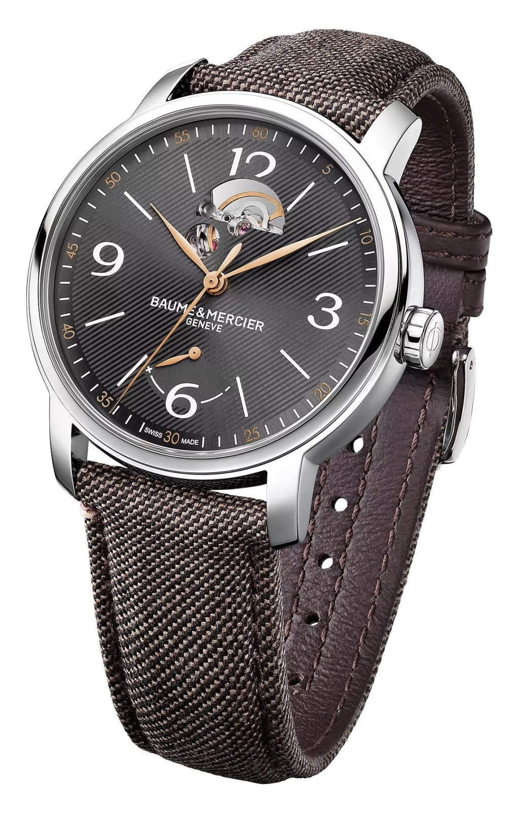 Special Edition Baume & Mercier Classima Power Reserve Automatic Stainless Steel Gray Dial Brown Fabric Interchangeable Black Leather Strap Mens Watch M0A10718