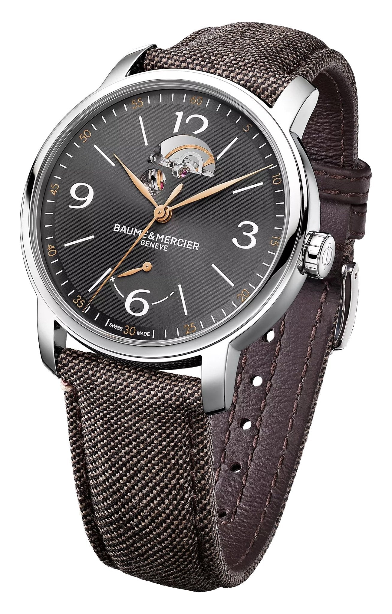 Special Edition Baume & Mercier Classima Power Reserve Automatic Stainless Steel Gray Dial Brown Fabric Interchangeable Black Leather Strap Mens Watch M0A10718