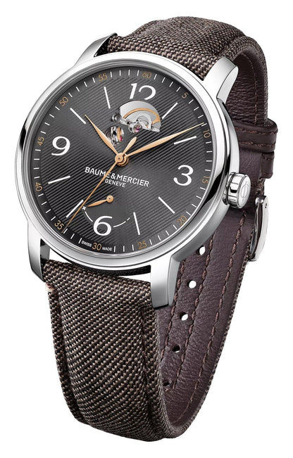 Special Edition Baume & Mercier Classima Power Reserve Automatic Stainless Steel Gray Dial Brown Fabric Interchangeable Black Leather Strap Mens Watch M0A10718