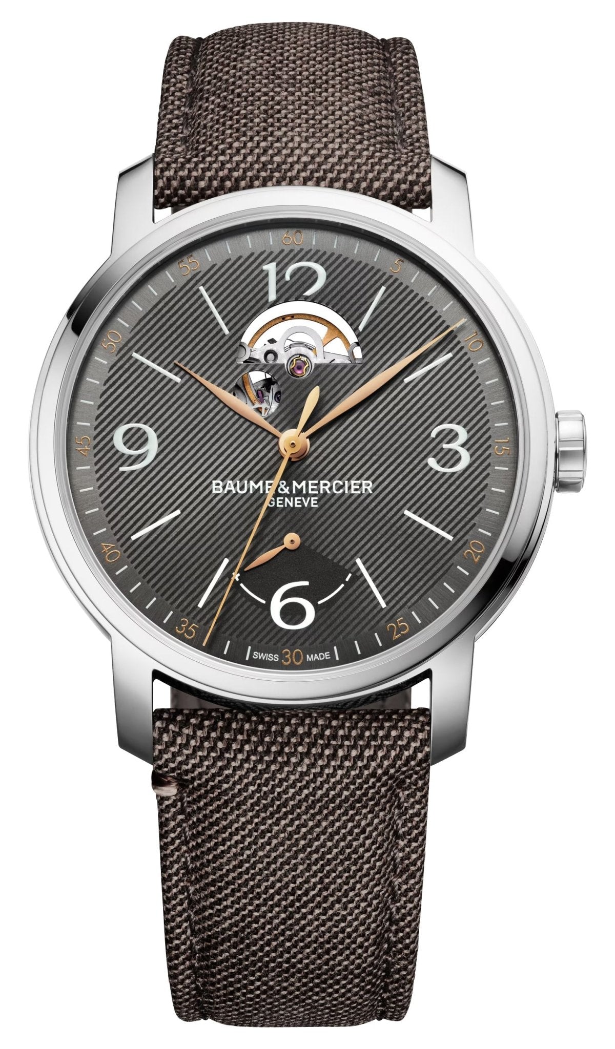 Special Edition Baume & Mercier Classima Power Reserve Automatic Stainless Steel Gray Dial Brown Fabric Interchangeable Black Leather Strap Mens Watch M0A10718