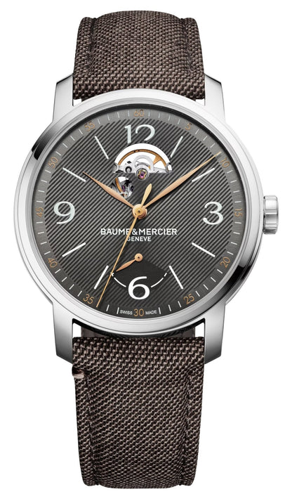 Special Edition Baume & Mercier Classima Power Reserve Automatic Stainless Steel Gray Dial Brown Fabric Interchangeable Black Leather Strap Mens Watch M0A10718