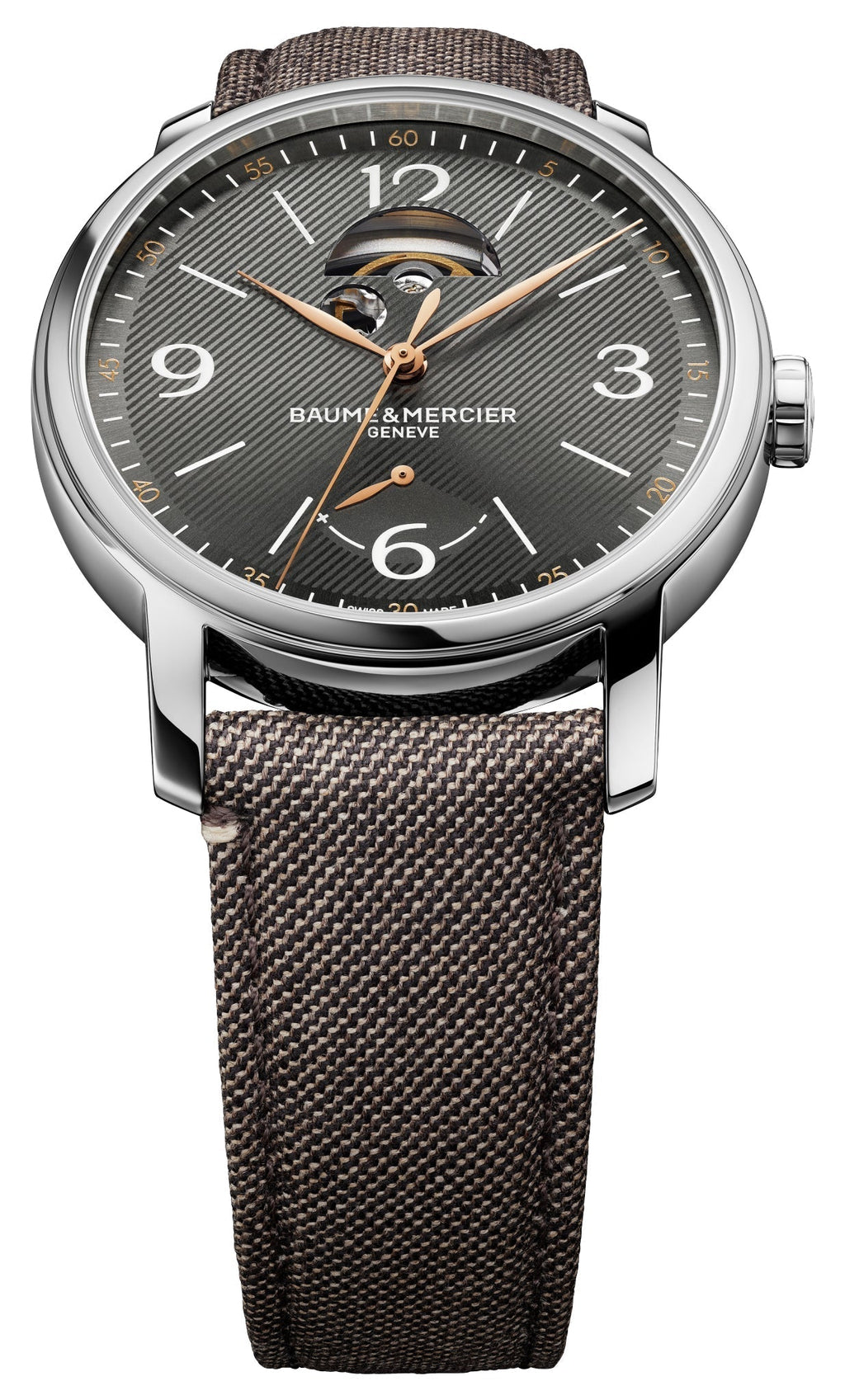 Special Edition Baume & Mercier Classima Power Reserve Automatic Stainless Steel Gray Dial Brown Fabric Interchangeable Black Leather Strap Mens Watch M0A10718