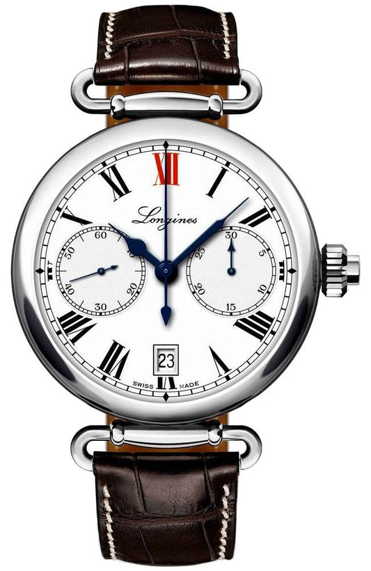 Special Edition Longines Heritage Chronograph Steel White Dial Date Brown Leather Strap Mens Watch L2.776.4.21.3