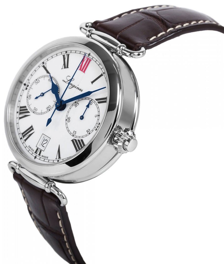 Special Edition Longines Heritage Chronograph Steel White Dial Date Brown Leather Strap Mens Watch L2.776.4.21.3