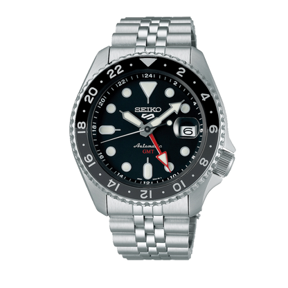 Seiko 5 Sports Automatic GMT Black Dial Silver Steel Strap Watch For Men - SSK001K1
