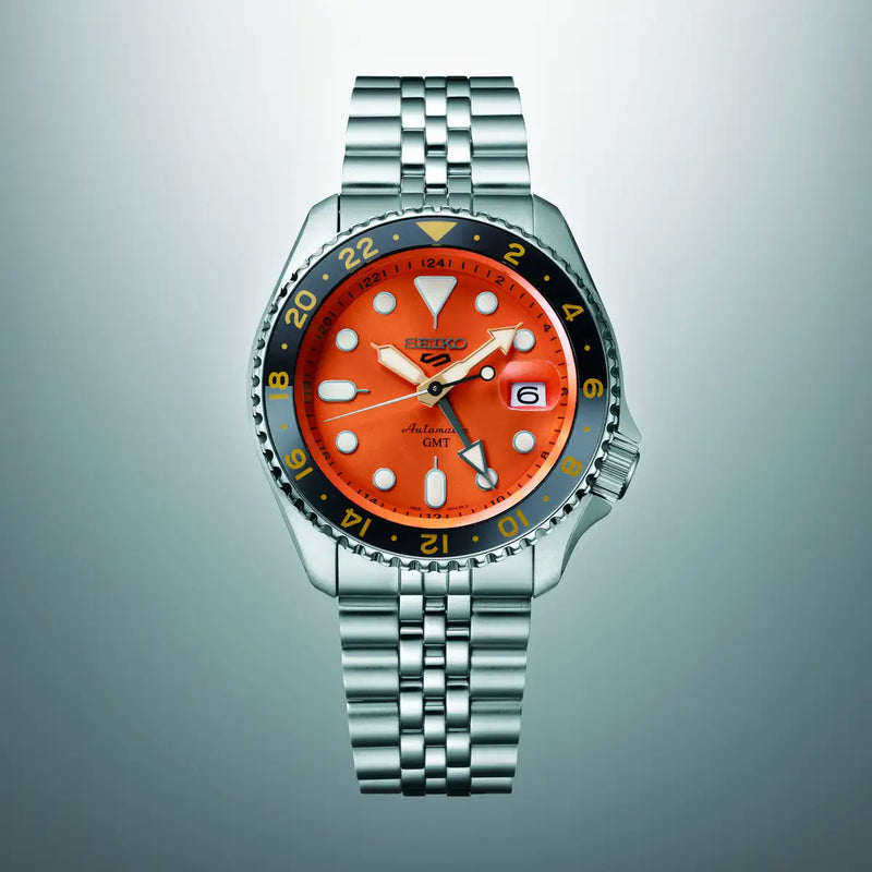Seiko 5 Sports GMT Automatic Orange Dial Silver Steel Strap Watch For Men - SSK005K1
