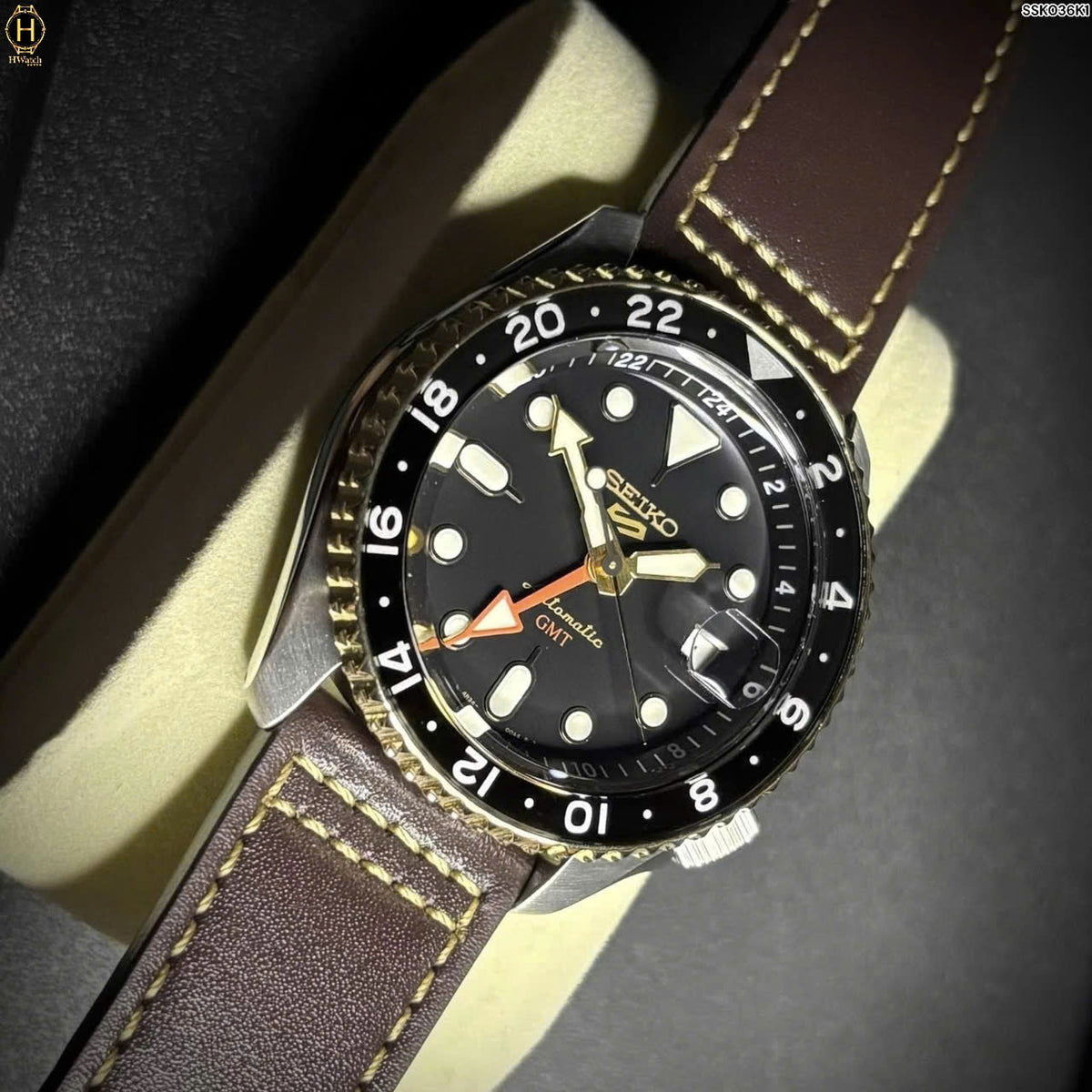 Seiko 5 Sports SKX GMT Automatic Mocha Black Dial Brown Leather Strap Watch For Men - SSK036K1
