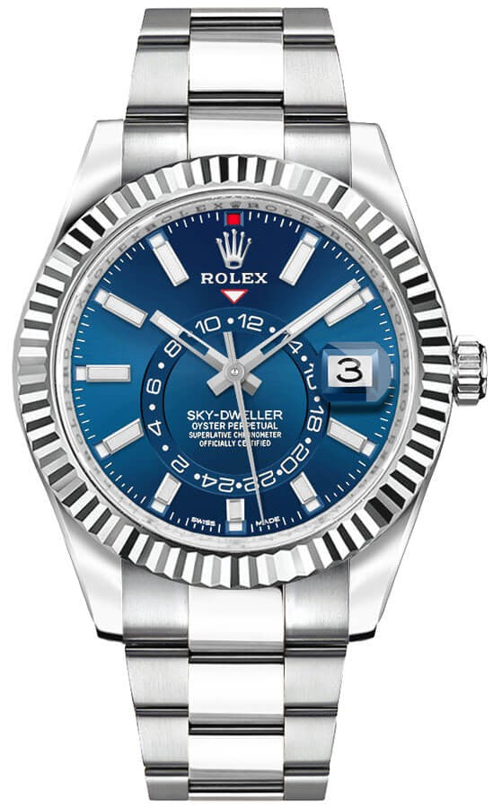 Rolex Sky-Dweller Fluted Bezel Oystersteel Calendar & GMT Feature Men's Watch 326934-0003