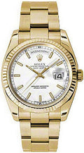 Rolex Day-Date 36 White Dial Fluted Bezel Gold Watch 118238