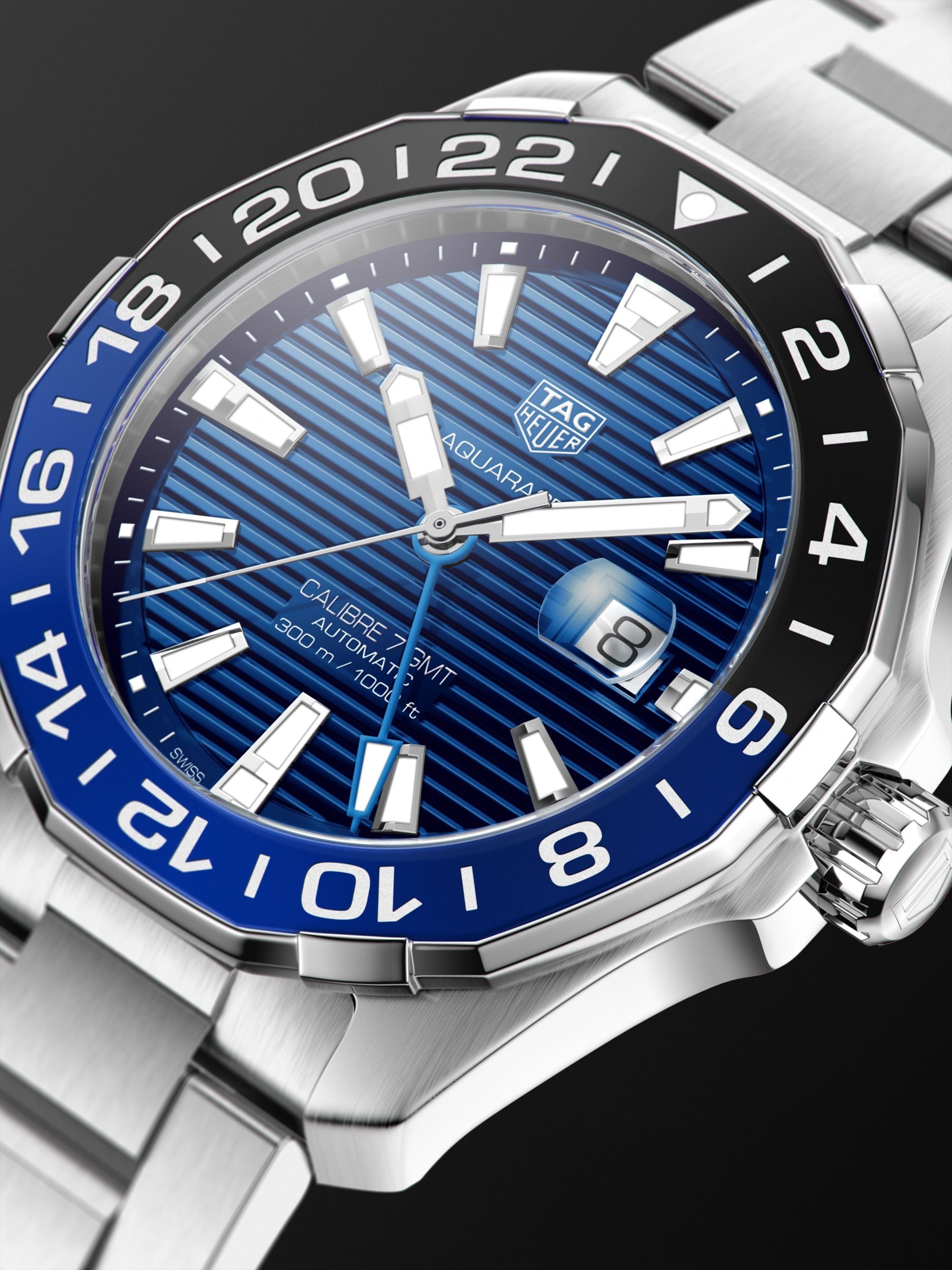 Tag Heuer Aquaracer GMT Calibre 6 Automatic Blue Dial Silver Steel Strap Watch for Men - WAY201T.BA0927